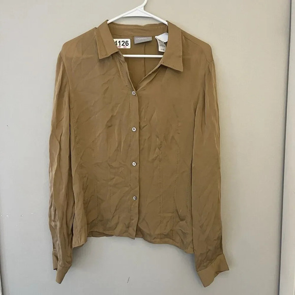 Vtg Liz Claiborne Brown Silk Blouse 12 Women’s Button Up Neutral Classic Minimal - Picture 2 of 11